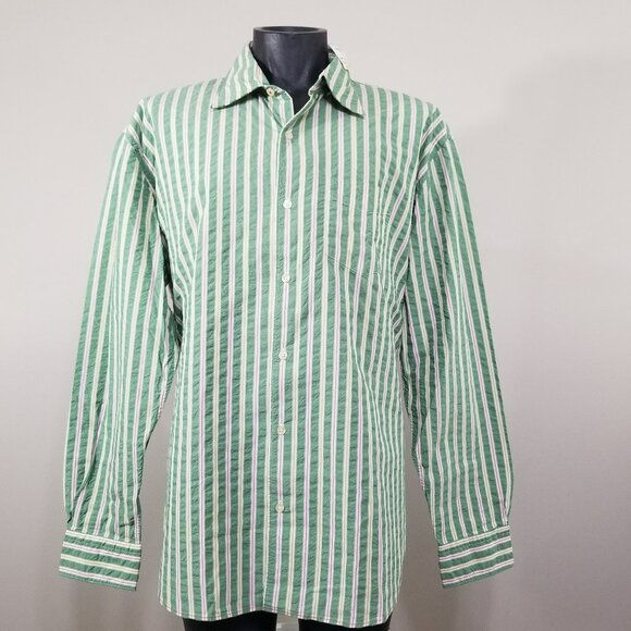 New 7 For All Mankind Pink Green Striped Crinkle Cotton Button Down Preppy XL - Picture 1 of 14